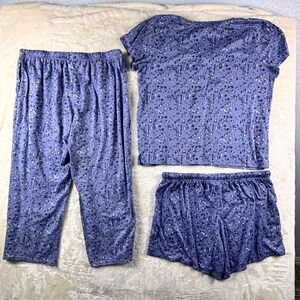 Lucky Brand Womens Pajama Set L Blue 3 Piece Floral Top Shorts Pants Loungewear